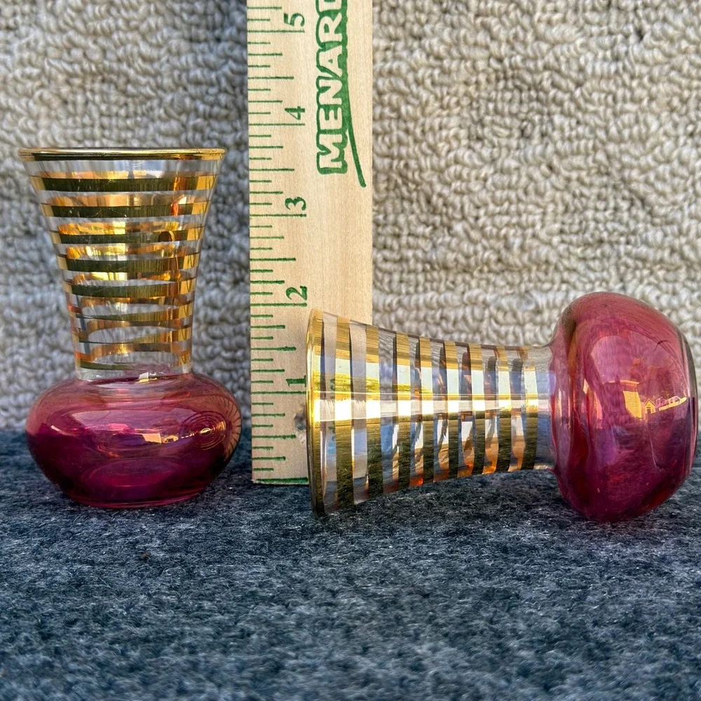 Vintage Bartlett Collins Pink Gold Stripe Glass Mini Bud Vases 3.75
